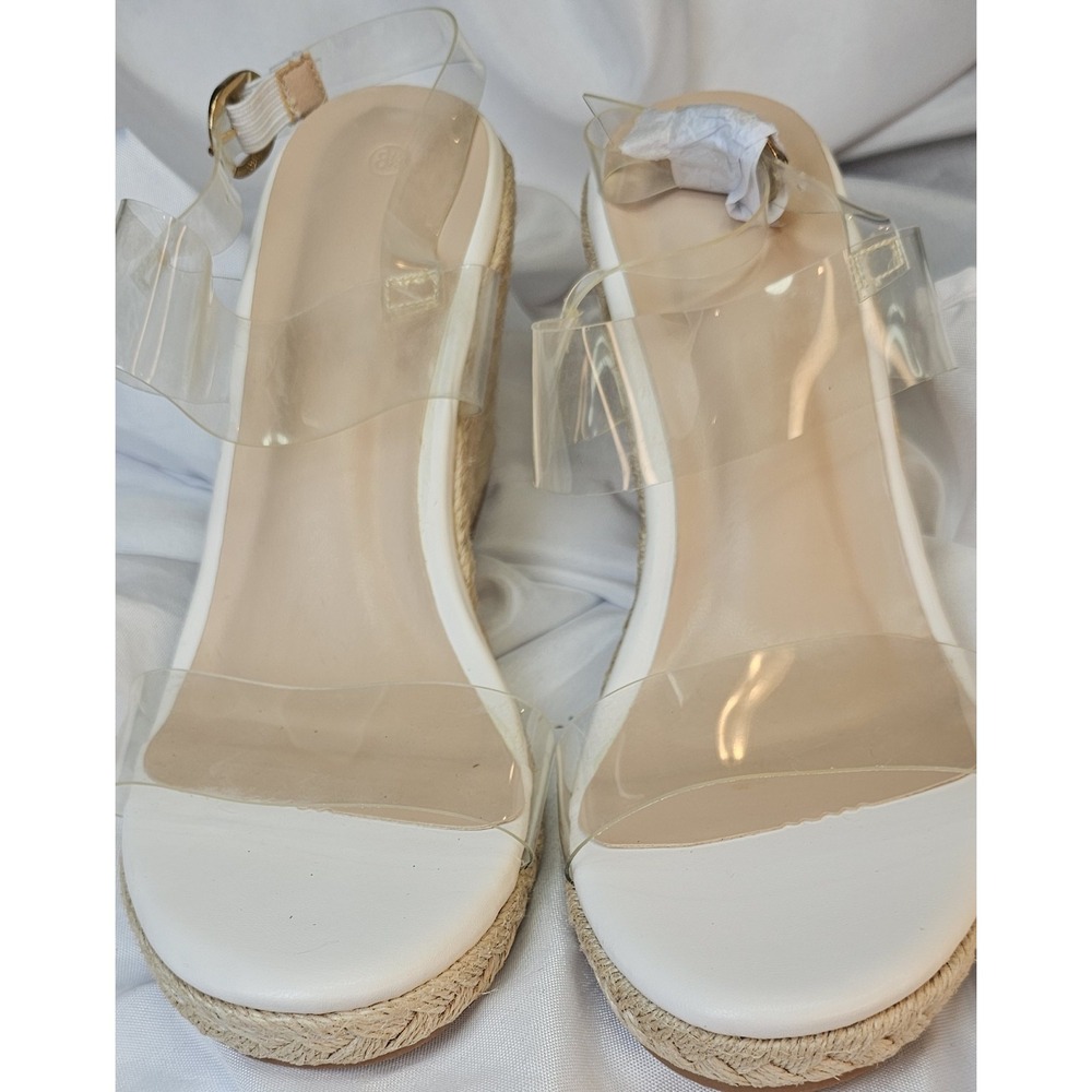 White Transparent Open Toe / Buckle - Beige Wedge… - image 7